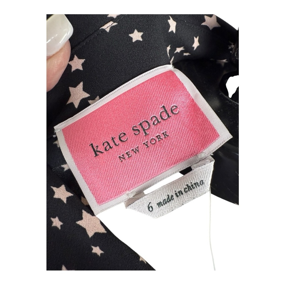Kate Spade New York Star Print Shirt Dress Black Pink Tie Waist Ruffle Hem NWT 6 - Picture 8 of 11
